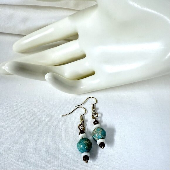 REIMAGINED Variscite, Shell, Copper Glass Bead Earrings Gold-Plated Hooks - Picture 3 of 4